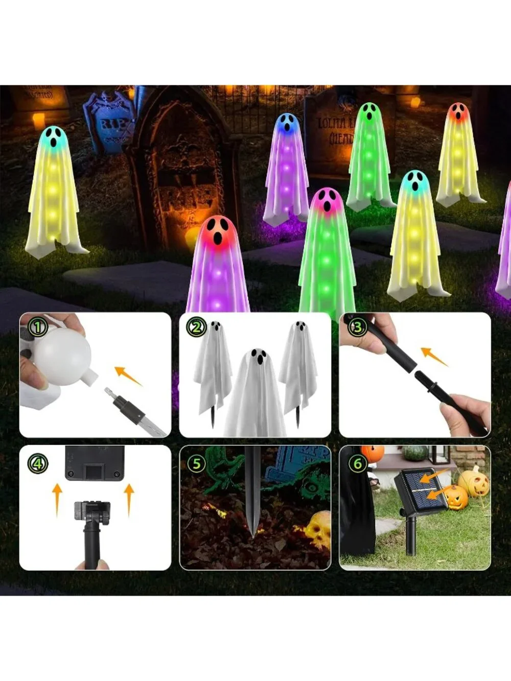 6Pack Solar Cloth Ghost Lights Spooky Outdoor Front Porch Halloween Party Decor